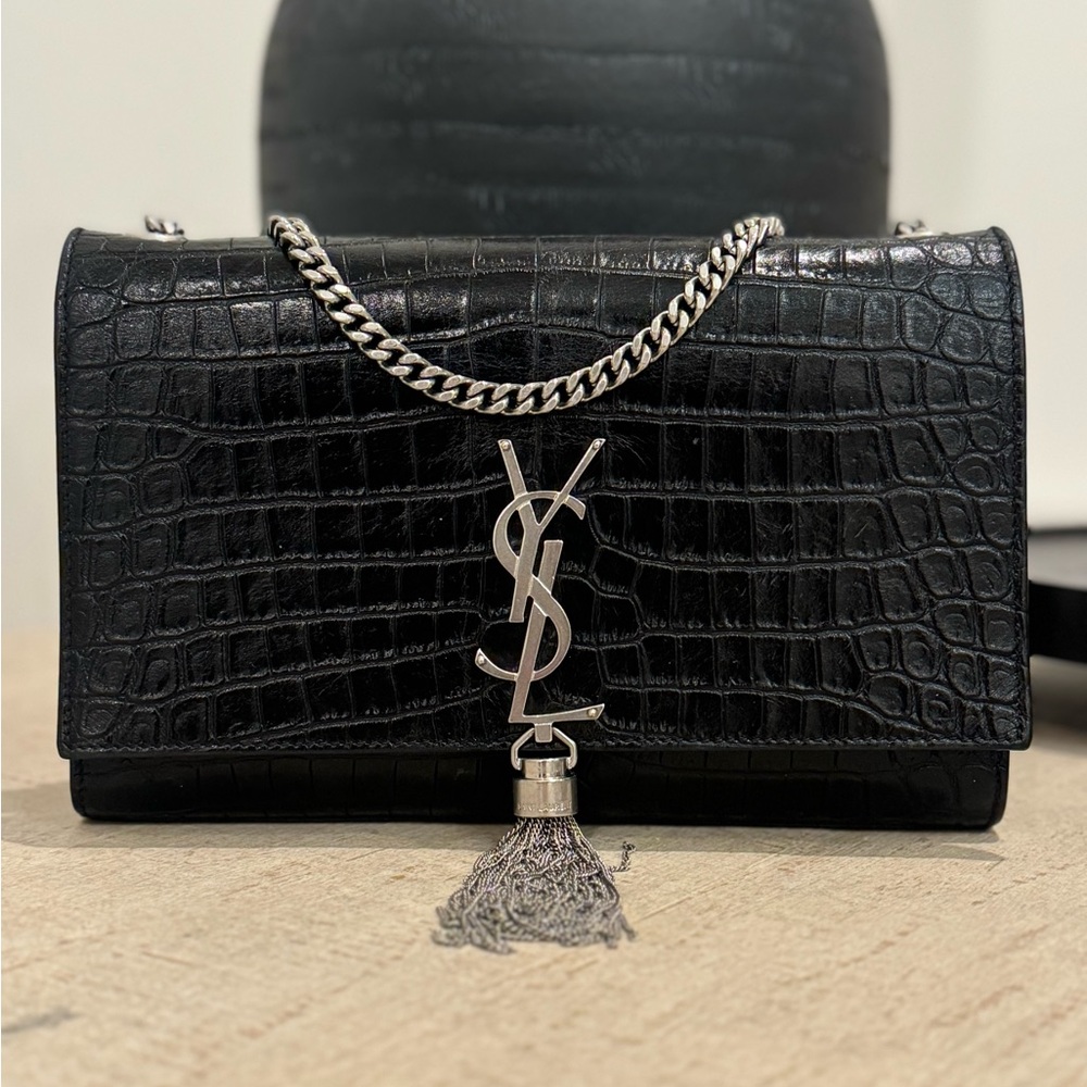 YSL Kate Tassel Crocodile Embossed Shoulder Bag
